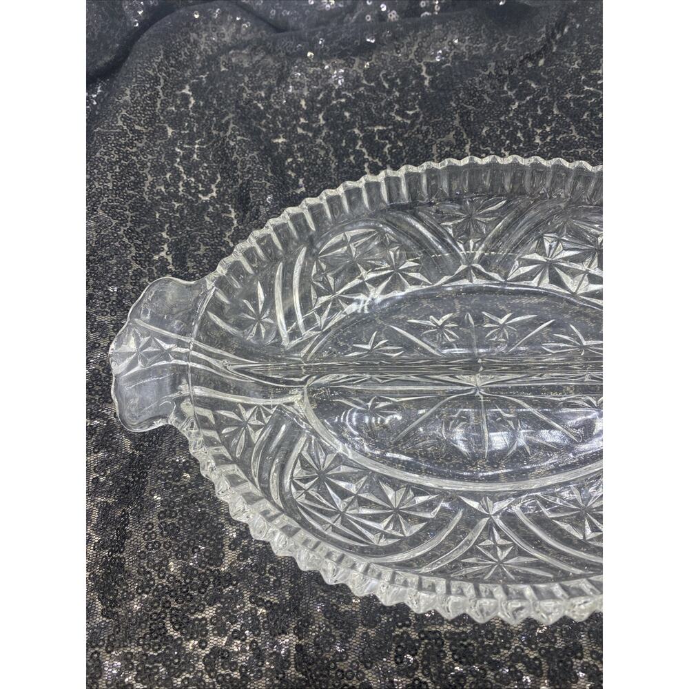 Vintage Crystal Cut Glass Divided Dish Scallop Edge Candy Pickle Trinket 10”x 6” - Picture 4 of 11